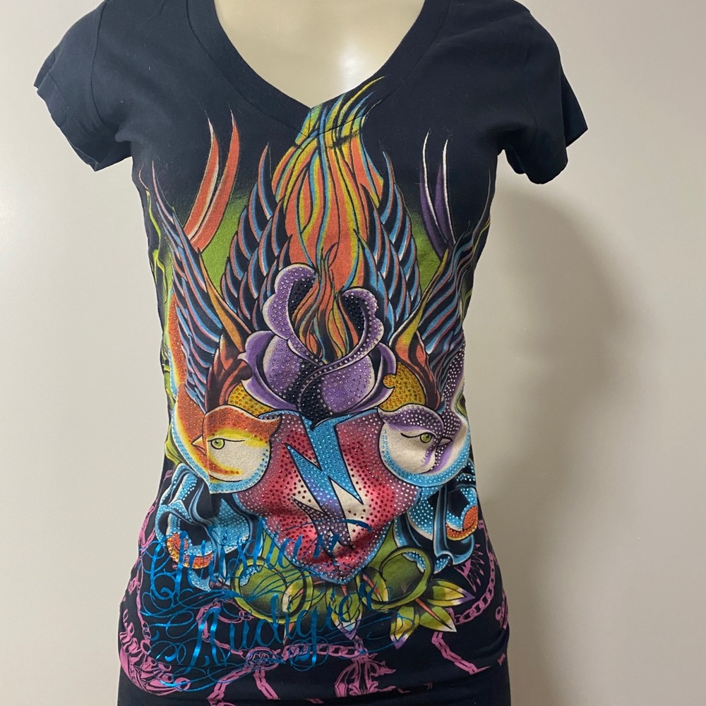 Christian Audigier Women Black Shirt Fire Birds